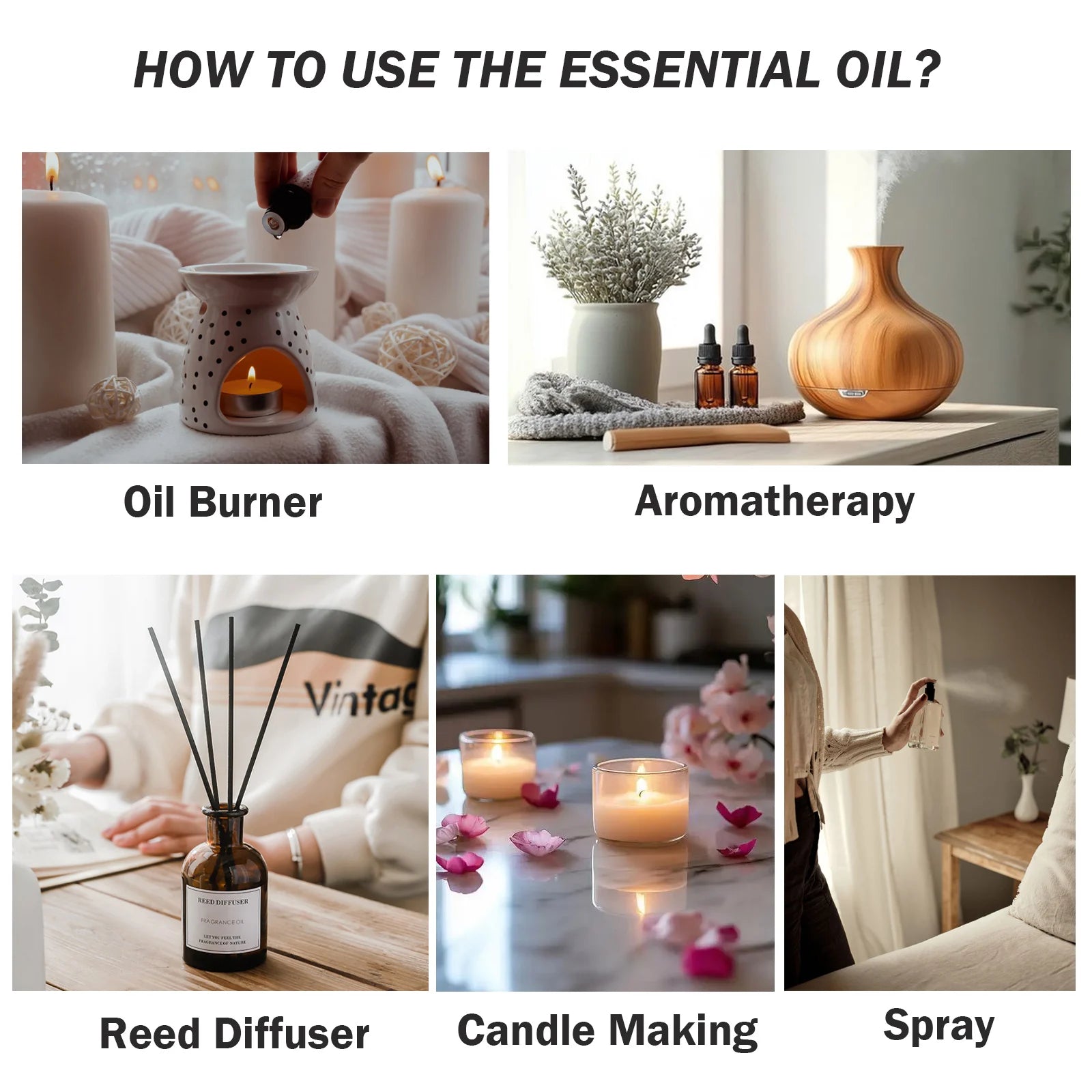 PHATOIL 100ml Plant Aromatherapy Essential Oil For Diffuser,Candle Making-Bergamot Citronella Lavender Lemon Eucalyptus Oils