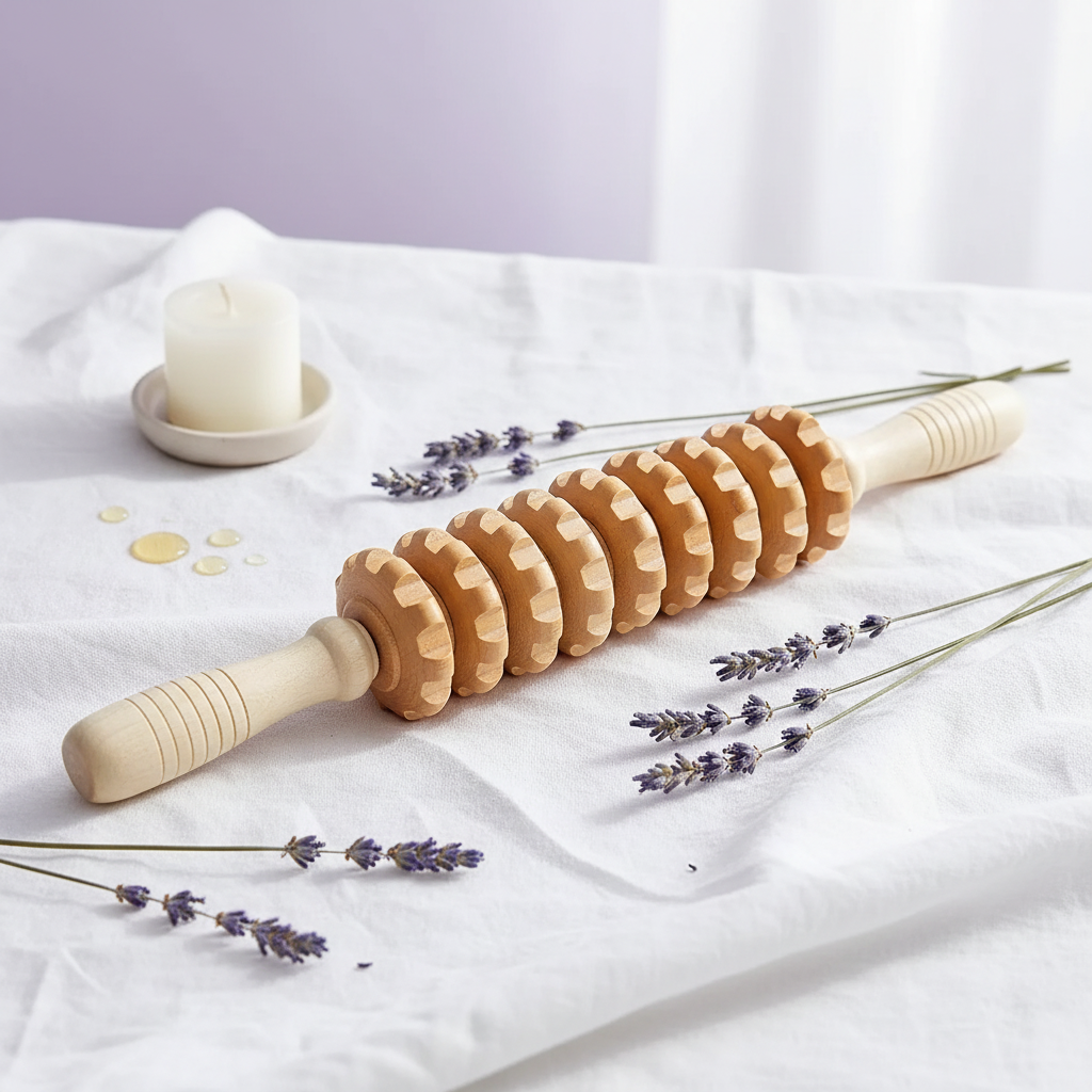 Rodillo de masaje de madera sobre superficie de lino blanco con lavanda y vela